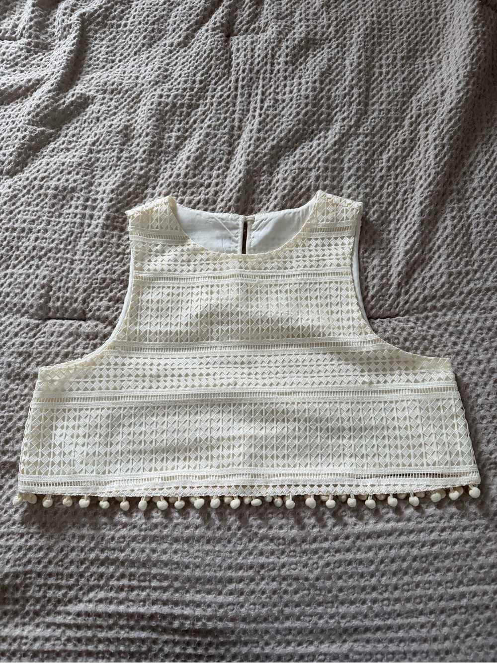 Women's Ivory Lace Crop Tank Top with Pom-Pom Hem
